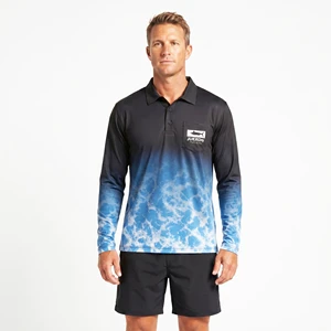 Custom Blue Black Camouflage Print Men's Plus Size Long Sleeve Polo Fishing Shirt UPF 50 100% Polyester Waterproof Quick Dry