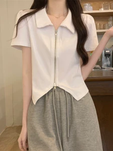 Elegant Women's Summer Solid Chiffon Short Sleeve T-Shirt Turn-down Collar Zipper Knitted Cardigan Breathable Casual Style