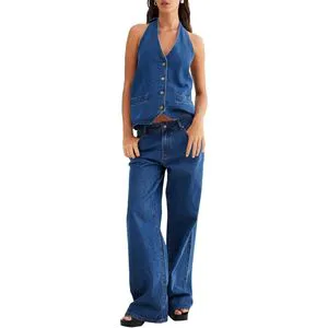 Fisoew Women's Denim Set Button Down Backless Sleeveless Tank Top Wide Leg Jeans 2 Piece Outfit Cotton Stonewashed