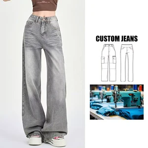 Brand Customization Women's Charcoal Gray Washed Straight Leg Jeans Loose High Waisted Slimming Wide Leg Denim Pants