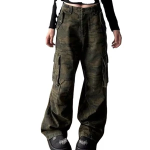 Women Street Style Multi Pocket Loose Camouflage Pants Cool Girl Straight Bottoms Female High Waisted Wide leg Trousers