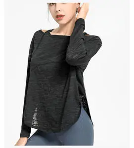 ZONA Loose Plus Size Striped Long Sleeve Quick Dry Fitness Coat Yoga Tank Top & Running Cover-up with Criss Cross Neck