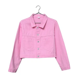 Women's Short Denim Jacket with Leopard Print Button Details Pockets-Pink/Yellow Casual Autumn Outerwear Skinny Fit