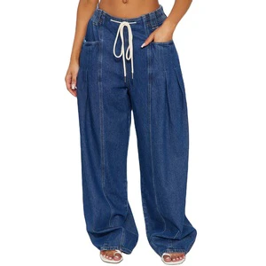 wholesale Custom Women's Jeans Washed Blue High Waist Fashion Casual Hot Sale Wide Leg Jeans for women