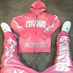 Custom Men's Sportswear Heavyweight Cotton Streetwear Acid Washed Sportswear Vintage Print Patterns Men's Two-piece Jogging Suit