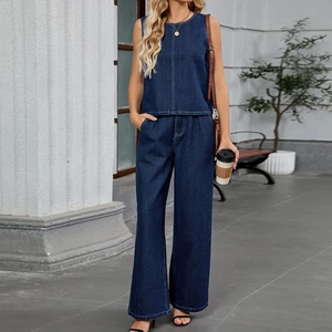 Channel Fashion 2025 Denim Work Outfits Washed Seam Details Sleeveless Boxy Denim Tank Top and Wide Leg Women Jean Pant Suits