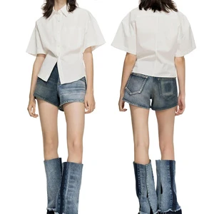 Casual Women Color-Contrast Patchwork Blue Washed 100% Cotton Denim Jean Shorts