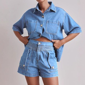 2025 Europe and the United States Women's Casual Retro Loose Shirt Denim Shorts Suit