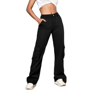 Women's High Rise Black Denim Jeans 6-Pocket Cargo Stretch Fabric Plating Eco-Friendly Durable Modern Clean Look Solid High