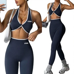 Customized Yoga Wear Set HIGH WAIST Women'S Gym Sportswear Contrasting Bra and Leggings Two Piece Set for Pilates Fitness