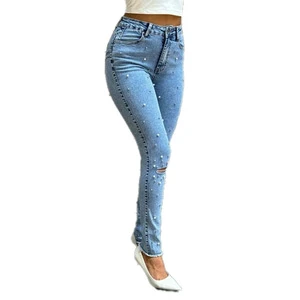 Trendy Pearl-Embellished Women's Denim Jeans in Skinny & Wide-Leg Styles Custom Rhinestone Designs Wholesale OEM for 2025