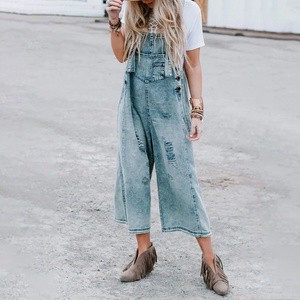 Holiday Lady Street Wear Western Style Design Patch Pockets Wide Legs Distressed Ripped Denim Jeans Jumpsuit Overall for Women