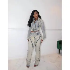 Ghh7923 2025 Spring New Fashionable High Elasticity Washable Zipper Denim Jacket Two Piece Set Jean Pants For Women