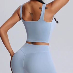 Sports Bra Women Running Shockproof Butter Feel Fitness Chest Pads Yoga Solid Breathable Square Neck Non-adjusted Strap