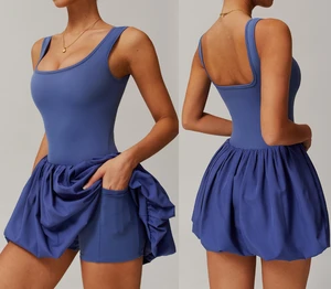 Customized Logo Two-Piece Sports Jumpsuit for Women Anti-Exposure Bottoming Outdoor Running Fitness Tennis Skirt Dress