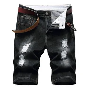 Summer Men's Perforated Solid Color Washed Slim Fit Denim Shorts Fashion Trend Retro Street Style Denim Shorts