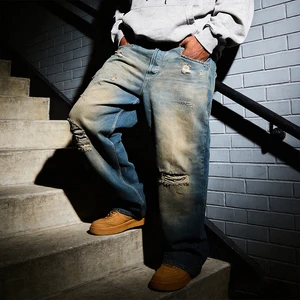High Quality Custom Mens Vintage Wash Hole Distressed Ripped Baggy Straight Leg Denim Pants Jeans for Man