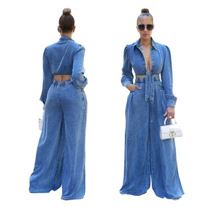 2026 Trendy Denim Suit Outfits for Women Casual Blouse and Wide Leg Pants Denim Jeans Set 2 Piece Denim Sets for Women