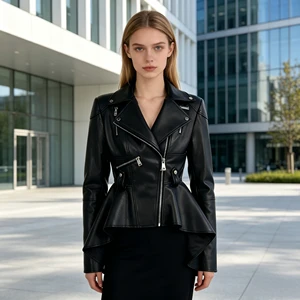 Women's Trendy Asymmetrical Zipper Leather Jacket Can Be Customized For Motorcycle Riding Leather Jacket