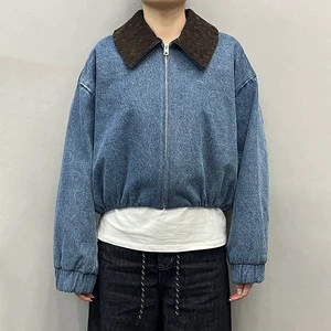 Customize Fashion Luxury Loose Suede Knitted Leather Collar Short Denim Coat Zip High Quality Women Cropped Denim Jacket