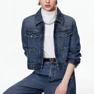 LARSUR Custom Factory Eco-friendly Soft Lyocell Bomber Denim Jacket Distress Wash Button up Cropped Jeans Jacket and Coat Women