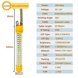 12v 200W Green Led Fishing Light Deep Fishing Lights Fishing Lights Waterproof IP68 Fish Lures Under Water Lamp