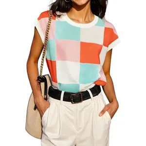 Womens Summer Casual Sweater Crop Tops Crew Neck Knit with Cap Sleeves and Color Block Design