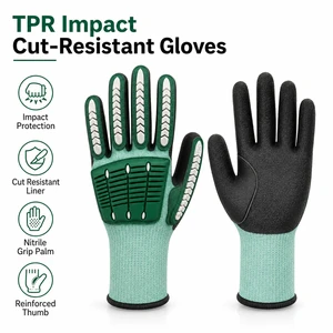 Green Nitrile Anti-Impact Cut Resistant Liner Heavy Duty Safety Gloves with Anti-Vibration EN388 Certified for Industry
