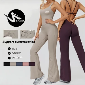 Custom Sportswear Flared One-Piece Cross Back Dance Pilates Running Workout Fitness Sports Jumpsuit for Women