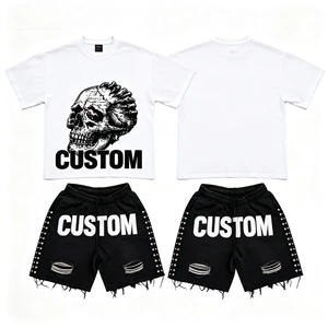 Men's Two Piece Set DTG Printed Graphic Cotton Acid Washed Tees Set Distressed Graphic Sleeveless T-shirt Denim Shorts Casual