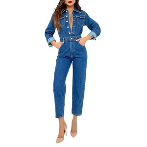 Casual Belt Waist Collar Button Closer Ladies Jeans Pants Medium Wash Long Sleeve Rompers Regular Fit Denim Overalls Jumpsuits