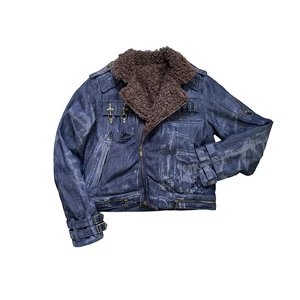 Custom Designer Men's Vintage Denim Fur Jacket Zip Winter Thick Fleece Denim Outerwear Coats