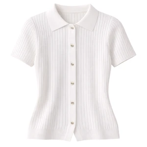Women’s Ribbed Knit Button Front Top Short Sleeve Collared Cardigan Style Slim Fit Casual Summer Elegant Blouse Everyday Comfort