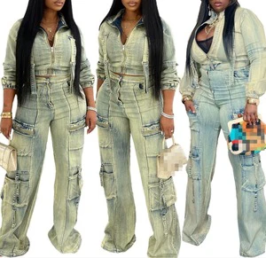N8182-High Elasticity Multi Pocket Trousers Jacket Washed Denim Casual Two Piece Suit Jeans Sets for Women Clothing