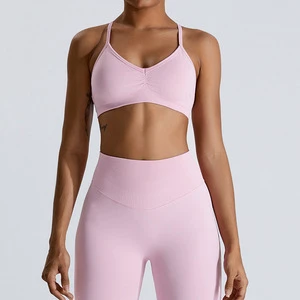 Women's Seamless Yoga Top Bra Medium Support Padding Custom Logo Front-Centered Solid Gym Crop Top for Stretchy Fitness Sports