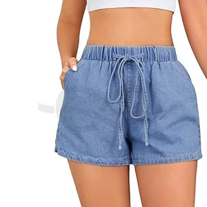 Women's Elastic Waist Tie Front Straight Leg Denim Shorts Casual Jean Shorts with Pockets Comfortable Summer Style