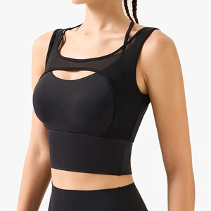 Sports Bra Running Yoga Tank Bra Shockproof Two-Piece Style Fitness Bra Push Up Cross Hollow Out Back Beauty T-Shirt