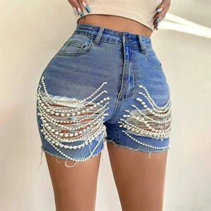 High Quality Custom Heavyweight Summer Button Washed Beading Denim Material Sports Shorts Women's Denim Jean Pour Femme