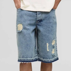 Custom Men's Mid Waist Baggy Denim Shorts Ripped Distressed with Embroidery Straight Style Light Wash Party Casual Summer