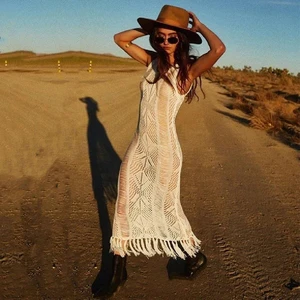 Knitted Beach Cover up Crochet Pareo Beach Swimsuit Cover up Bathing Suit Cover Ups Tassel Long Beach Dress Robe De Plage Sarong