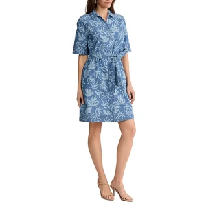 Spread Collar Short Sleeve 100% LYOCELL Women's Denim Shirt Dress Mini Eco-Friendly Breathable Floral Print Button Front