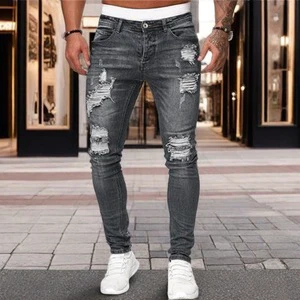 Wholesale 2026 Men's Ripped Skinny Jeans Y2K Streetwear Distressed Slim Fit Denim Pants Custom Logo Mid Waist Stretch Trousers