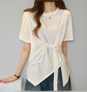 2025 Summer New Plus Size Women's Short Sleeved T-Shirt Slim Fit ELEGANT Crew Neck Slimming Two-Piece Design Breathable 100%