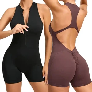 Sexy Gym Sports Outfit Jumpsuits Playsuits Zip Cut Out Back One Piece Shorts Jumpsuit Romper Fitness Yoga Wear