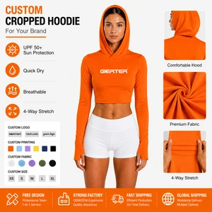 Custom Printing Sun Protection Cropped Hoodie Summer Breathable Fishing Shirts Women Anti-Uv Midriff Top Surf & Beach Rash Guard