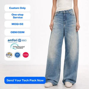 SHENGFU Women's Streetwear Loose Fit Wide Leg Denim Jeans with Vintage Wash Back Flap Pockets High Quality Casual Style Jeans