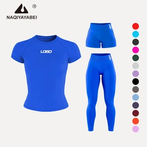 Women Seamless Yoga Set 3pcs with Impact Short Sleeve Top Shorts Leggings Fitness Gym Wear Ropa Deportiva Mujer