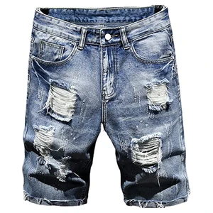 New Summer Fashion Men's Denim Shorts High Street Style Solid Drawstring Closure Distressed Ripped 100% Cotton OEM Service Best
