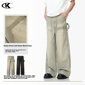 11KN Vintage American Denim Trousers Men's/Women's Slim Fit Loose Trendy Wide Leg Straight Casual Pants for Autumn Washed Solid