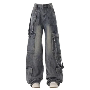 Women's High Waist Wide Leg Baggy Gray Denim Jeans Casual Vintage Breathable Eco-Friendly Full Length Streetwear Distressed Bow